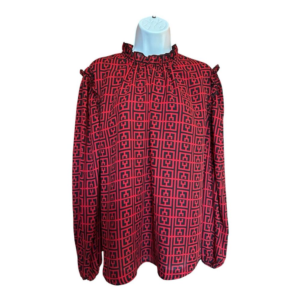 Ny & Co NWT Long Sleeve Ruffle Classic Top Size XL Red Black Chic Mod Retro